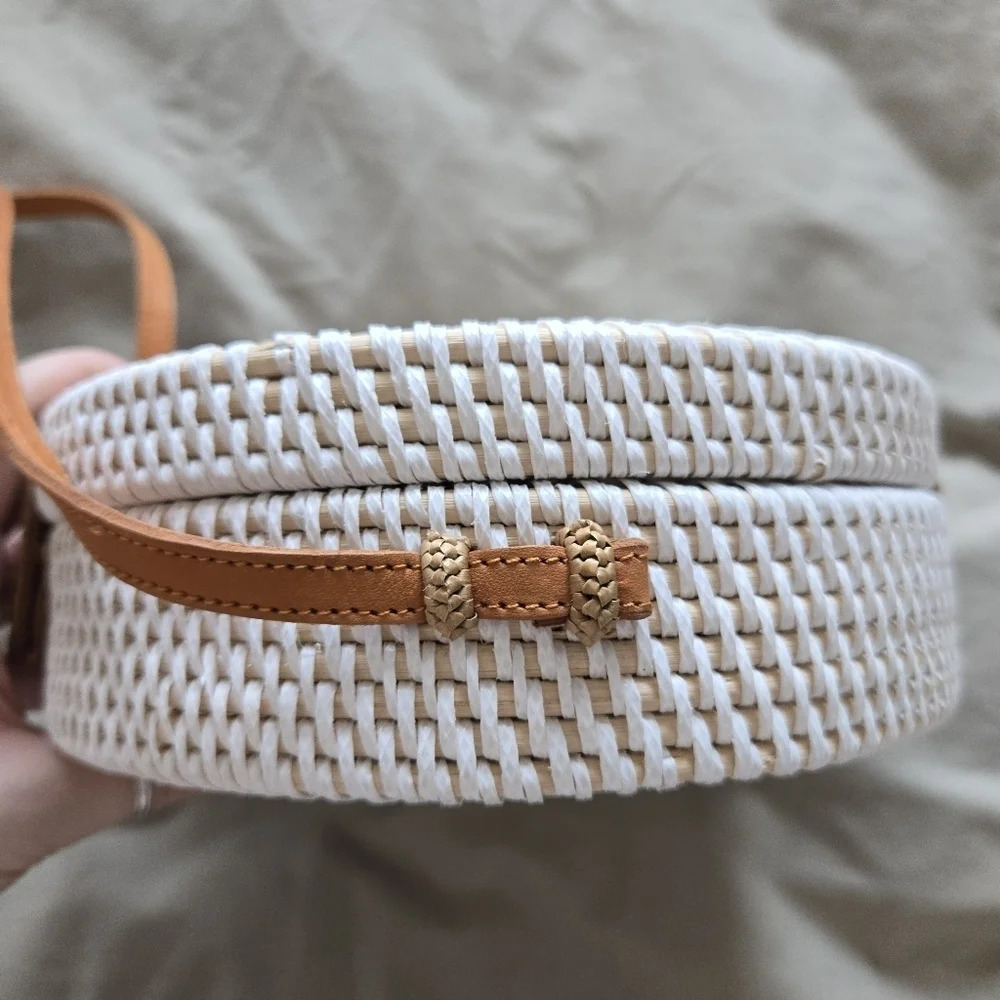 White Woven Crossbody Bag with Tan Strap